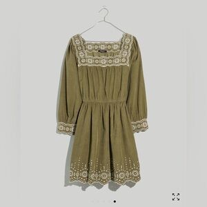 MADEWELL | XS EMBROIDERED CORDUROY SQUARE NECK DRESS DISTANT SURPLUS GREEN